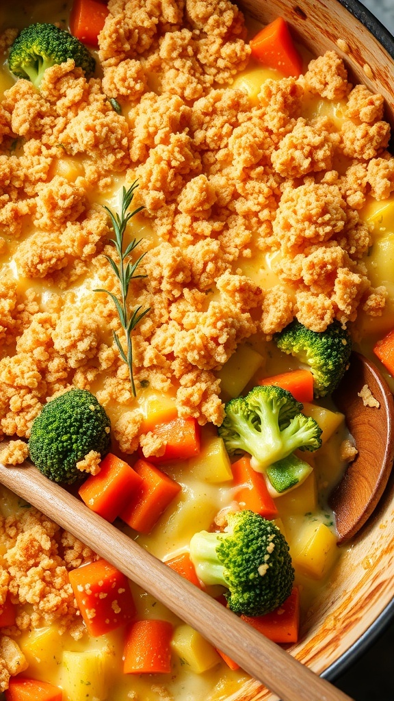 Cheesy vegetable casserole with broccoli, carrots, and bell peppers, topped with breadcrumbs, in a rustic dish.
